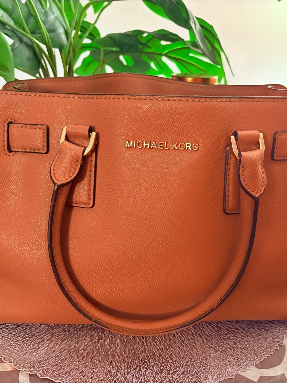 Michael Kors Brown Saffiano Satchel with Gold Hardware